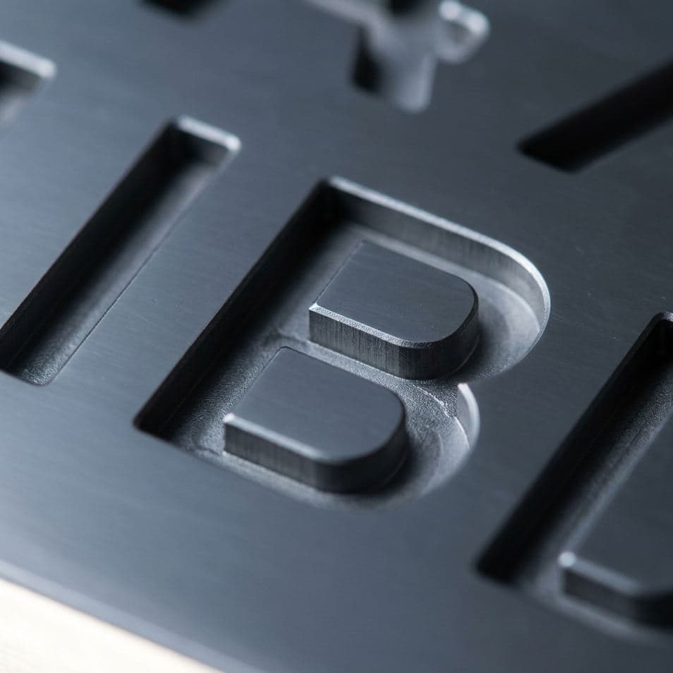 Deeply engraved identification character cut into a polished tool steel mold insert — raking light reveals the three-dimensional depth and clean-walled cavity.