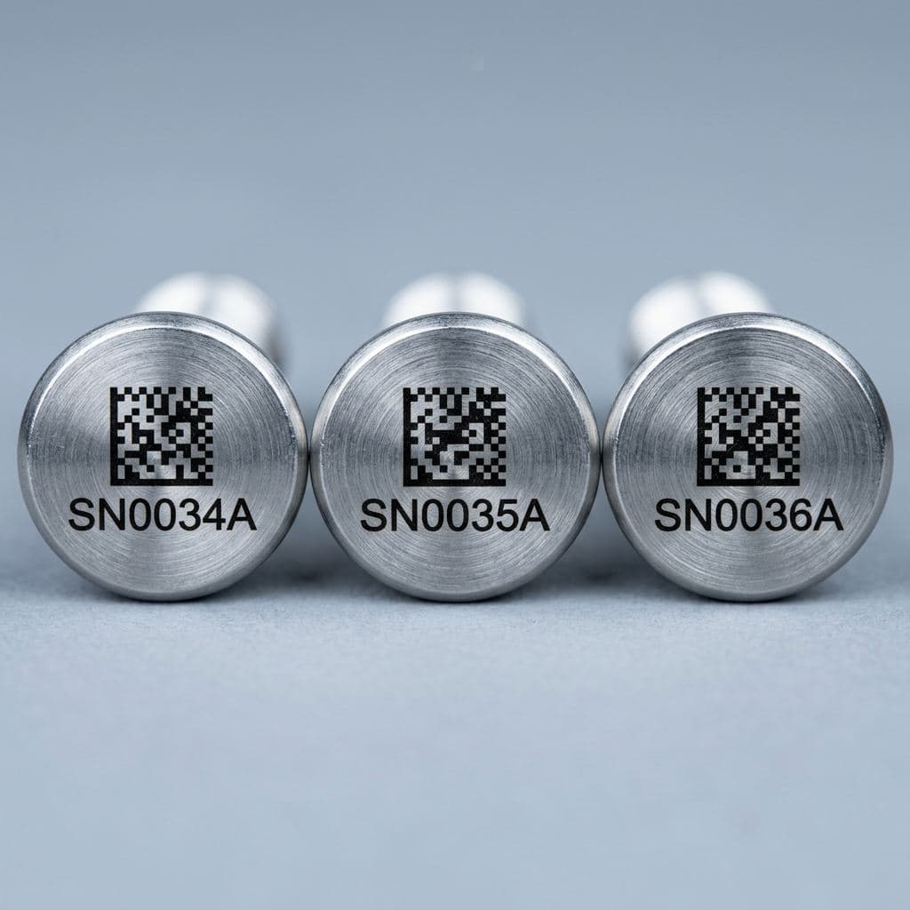 Three identical brushed stainless aerospace fasteners in a row, each laser-marked with a sequential serial number and 2D Data Matrix code — batch serialization in progress.