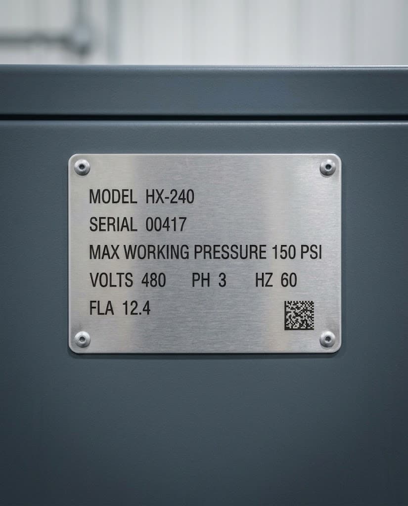 Brushed 316L stainless equipment nameplate riveted at four corners to a gray powder-coated steel housing, laser-marked MODEL HX-240, SERIAL 00417, MAX WORKING PRESSURE 150 PSI, VOLTS 480 PH 3 HZ 60, FLA 12.4, with a small Data Matrix code at lower right.