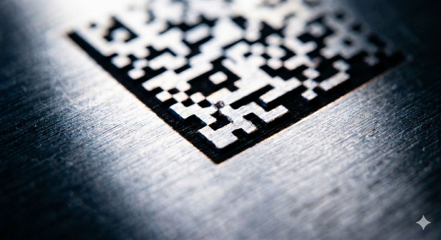 Macro detail of a laser-etched 2D Data Matrix code on polished stainless steel, raking side-light catching the etched modules.