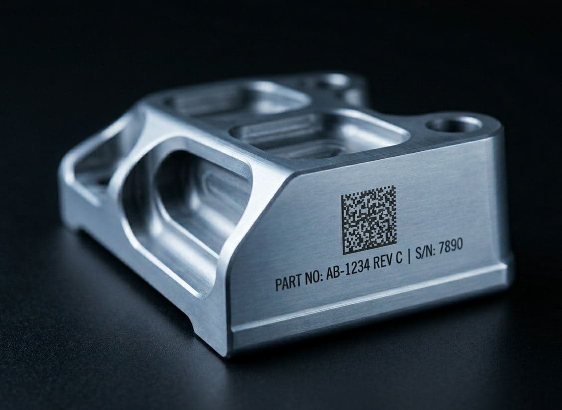 Precision-machined titanium aerospace bracket on matte black, MIL-STD-130 IUID identification block laser-marked on one face.