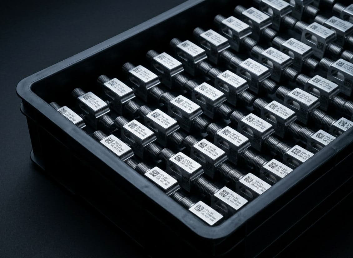 Overhead view of an industrial tote densely packed with dozens of identical serialized steel parts, each laser-marked with a sequential identification block.