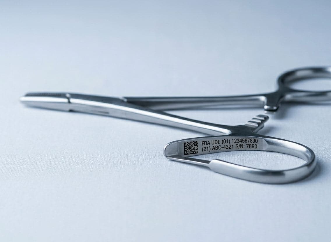 Surgical stainless steel instrument on a cool sterile field, laser-annealed FDA UDI identification band visible on the handle.