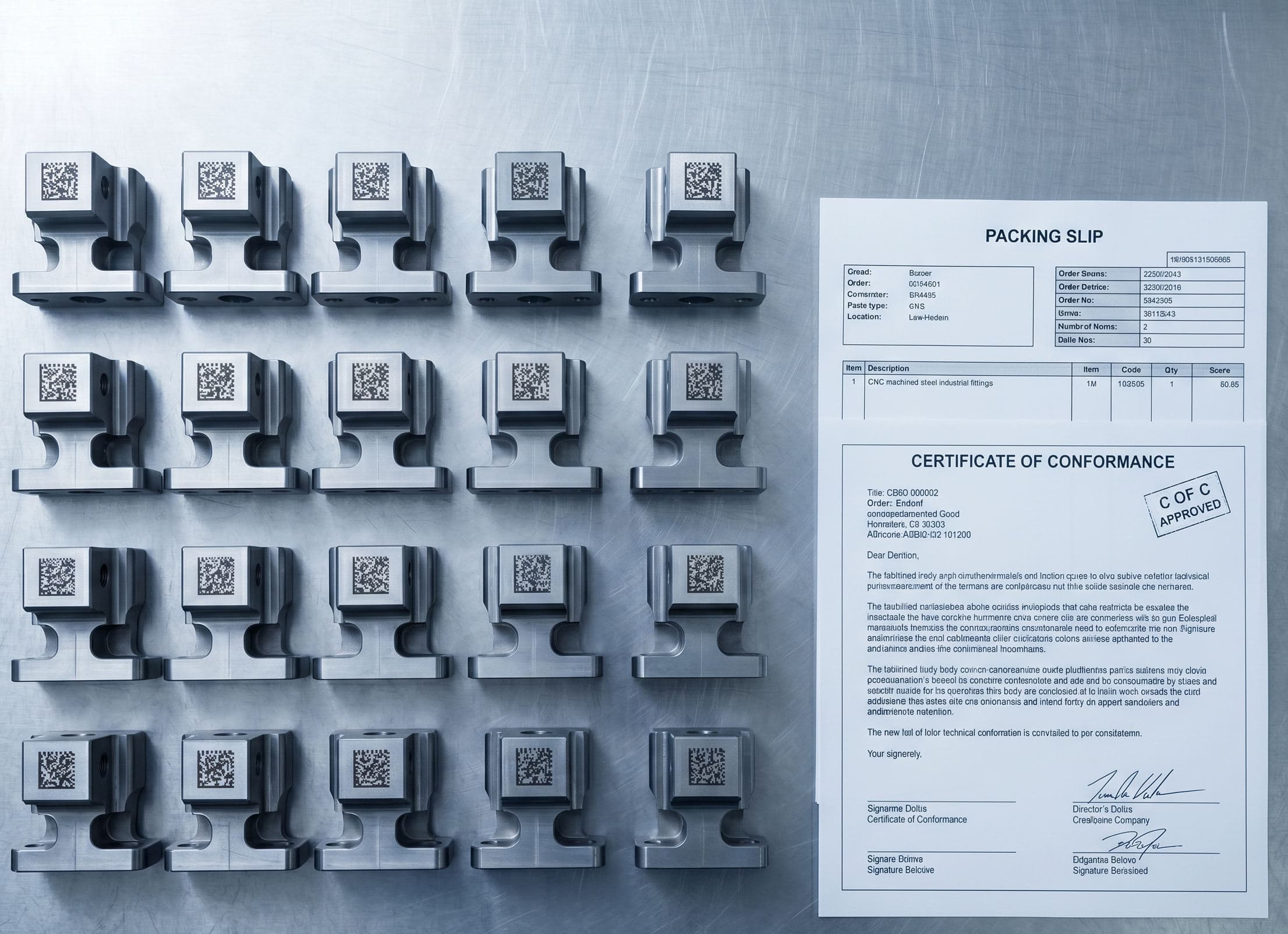 Overhead flat-lay of laser-marked CNC parts laid out on a brushed aluminum staging table, with a printed packing slip and Certificate of Conformance beside them, ready for return shipment.
