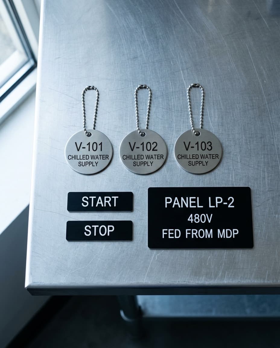 A short run of laser-marked metal tags on a brushed stainless bench: three round stainless valve tags on bead chain reading V-101, V-102, V-103 CHILLED WATER SUPPLY, two black anodized aluminum legend plates with bright START and STOP legends, and a black anodized panel tag reading PANEL LP-2, 480V, FED FROM MDP.