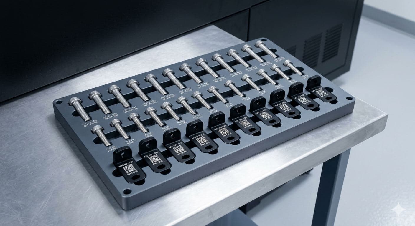 Custom machined fixture plate holding a grid of freshly laser-marked aerospace parts, each showing a 2D Data Matrix code.