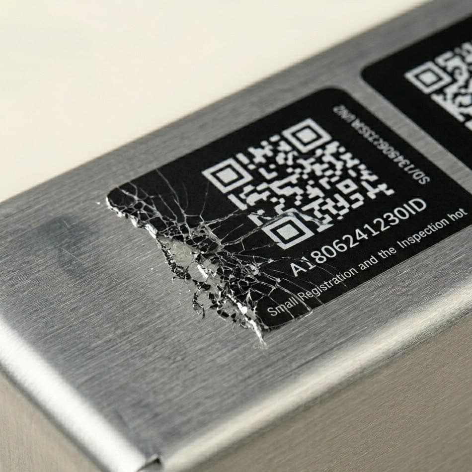 Macro detail of laser-bleached white-on-black asset tags on Tesa 6973 polyacrylic film — crisp 2D Data Matrix codes and serialized IDs, with one tag partially peeled to reveal the tamper-evident VOID pattern beneath.