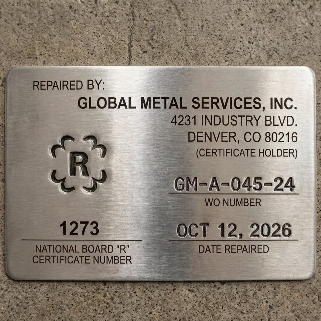 Laser-annealed brushed stainless NBIC repair nameplate, straight on: REPAIRED BY with the certificate holder’s name and address, the National Board “R” symbol, the R certificate number, work order number, and date repaired, all marked in dark annealed text on the bare plate.