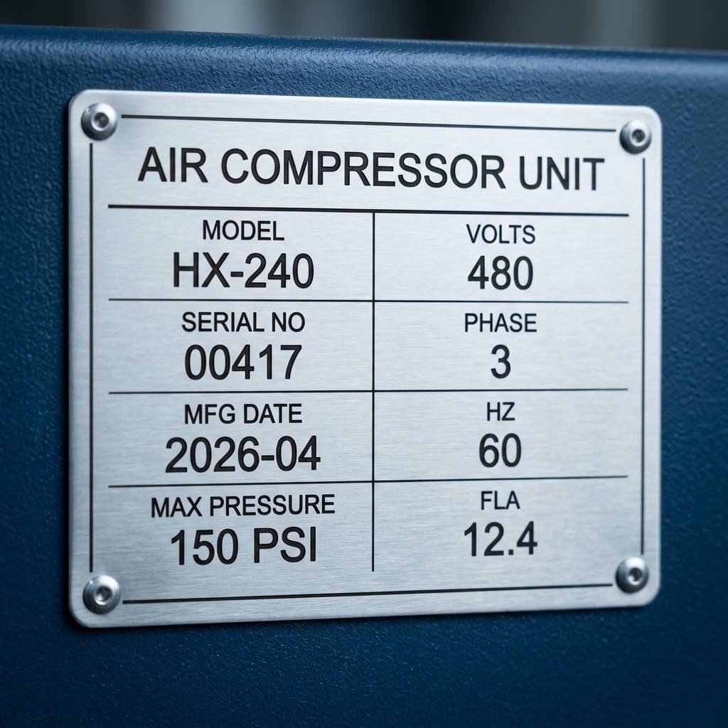Brushed 316L stainless equipment nameplate riveted at four corners to a navy-blue painted housing, laser-marked in a two-column grid: AIR COMPRESSOR UNIT title, then MODEL HX-240, SERIAL NO 00417, MFG DATE 2026-04, MAX PRESSURE 150 PSI, VOLTS 480, PHASE 3, HZ 60, FLA 12.4.