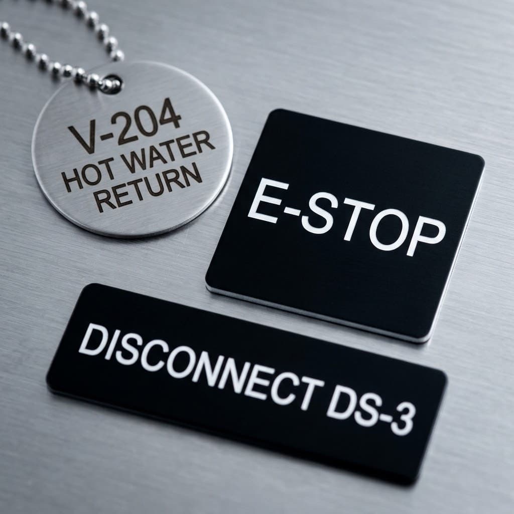 Three laser-marked metal tags on a brushed stainless surface: a round stainless valve tag on bead chain reading V-204 HOT WATER RETURN, a black anodized aluminum legend plate with a bright E-STOP legend, and a black anodized rectangular tag reading DISCONNECT DS-3.