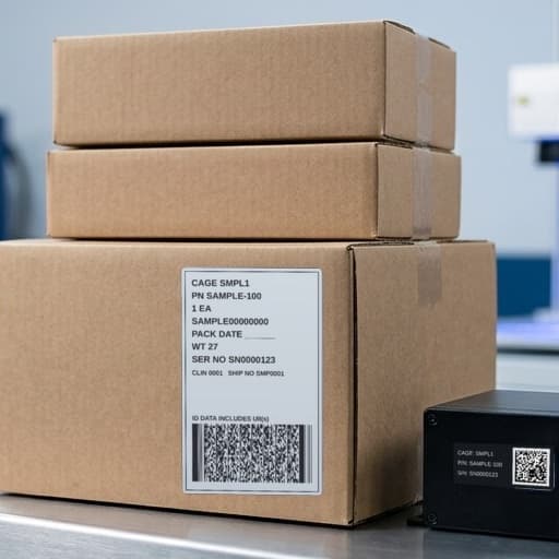 Three kraft shipping cartons stacked on a stainless bench. The front carton carries a MIL-STD-129 exterior container label with CAGE, PN, quantity, contract number, WT, and SER NO lines above a PDF417 barcode; a black electronics housing beside it wears a matching MIL-STD-130 UID label with a Data Matrix.