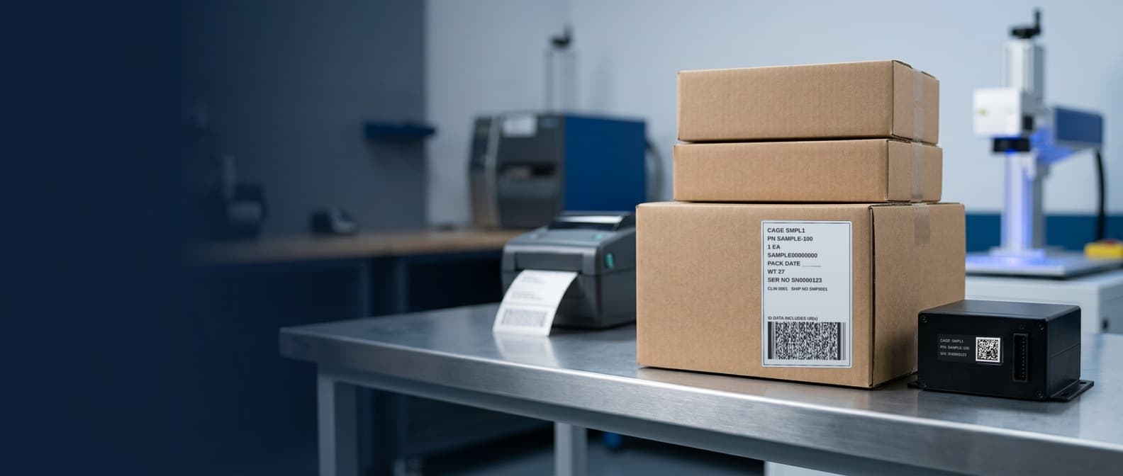 Three kraft shipping cartons stacked on a stainless bench. The front carton carries a MIL-STD-129 exterior container label with human-readable CAGE, PN, quantity, contract number, pack date, WT, SER NO, CLIN, and shipment number lines above a PDF417 barcode titled ID DATA INCLUDES UII(s). Beside it, a black electronics housing wears a matching MIL-STD-130 UID label with a Data Matrix. A thermal-transfer label printer and a fiber laser marking station stand in the background.